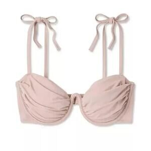 NWT Shade & Shore Women's Bikini Top Tan Shoulder Tie Shirred Underwire 34b